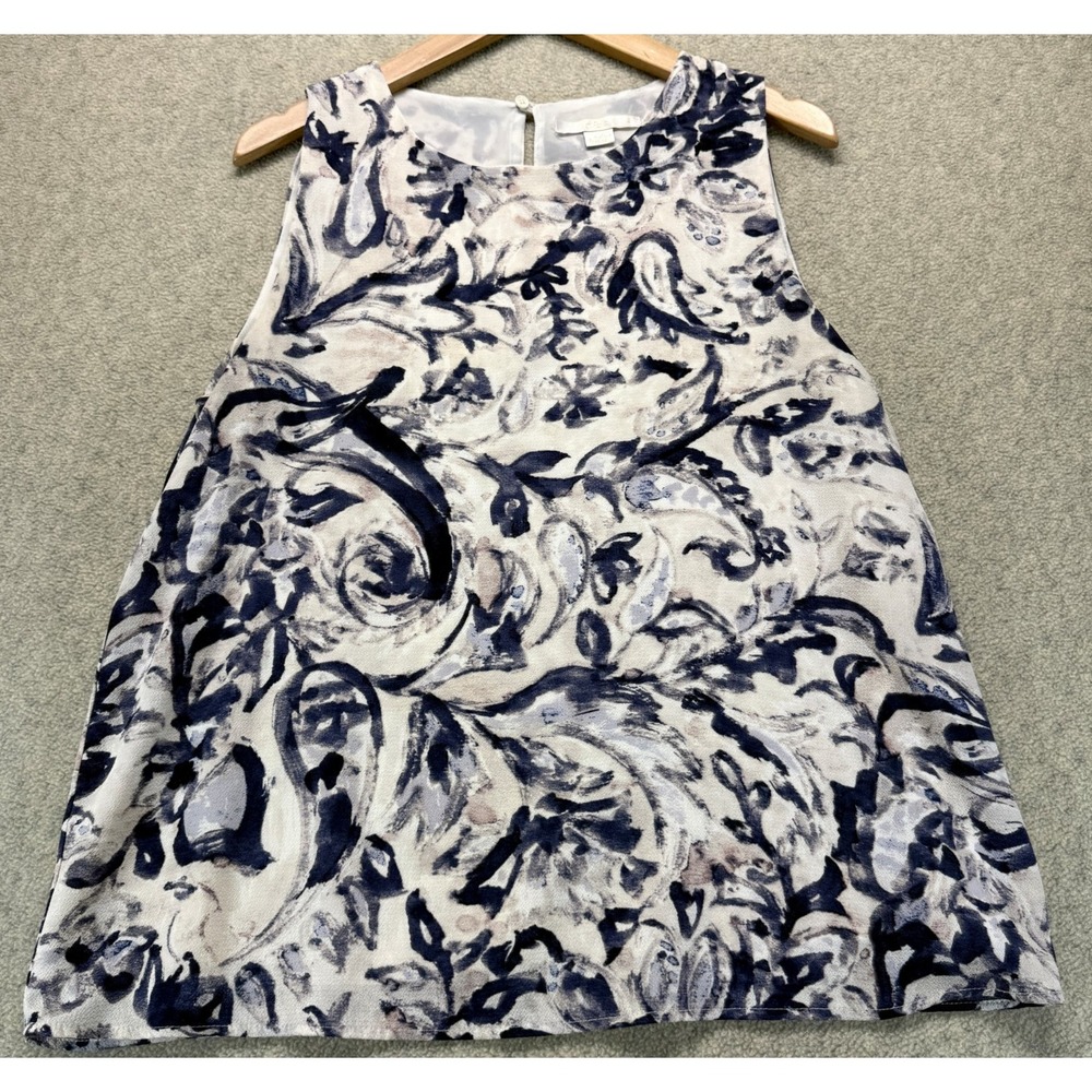 C&E Womens Sleeveless Blouse Top Blue White Abstract Paisley Lined Crew Neck L
